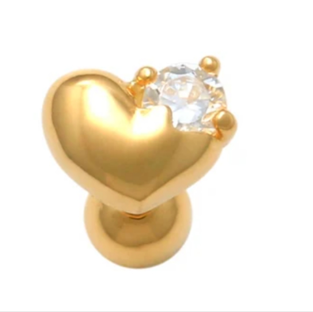 Gold Heart Stud Earring with Crystal Accent - Picture 2 of 7